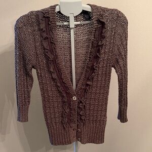Elegant Brown Ruffled Cardigan Sweater